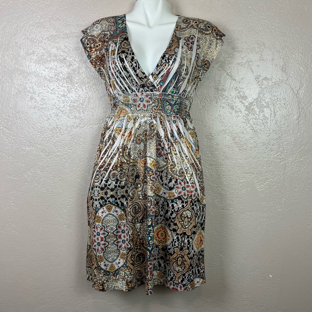 Panhandle Slim Women’s Ivory Multicolor Floral Mosaic Print Dress Size‎ M